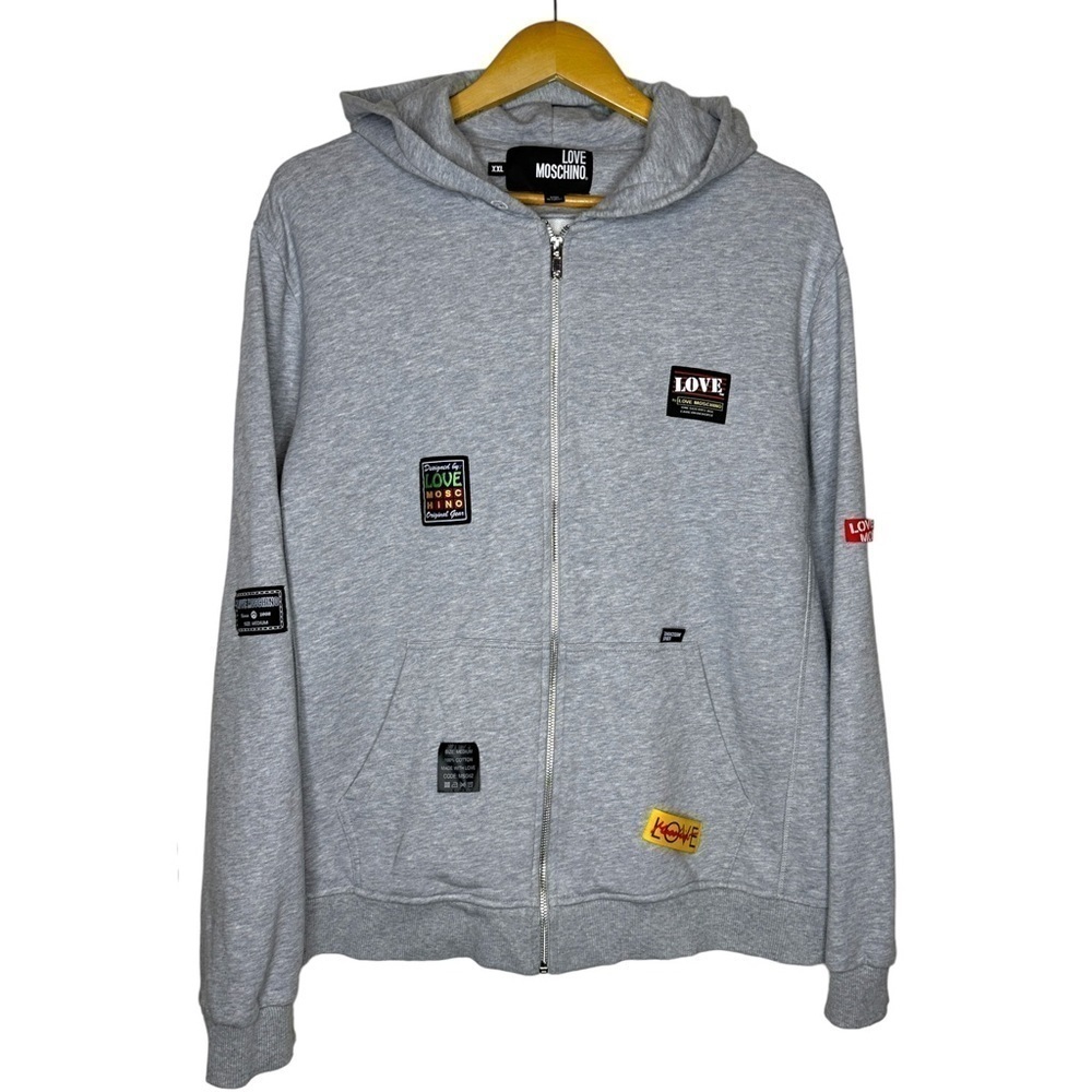 Love Moschino Mens Patches Zipper Hoodie Grey XXL - Picture 2 of 9